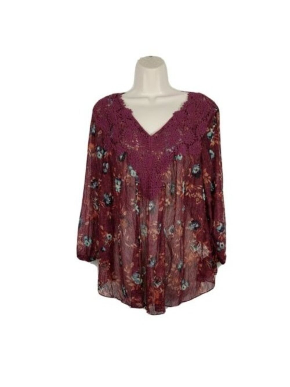 Vintage America Sheer Tunic Top Peasant Boho V-neck Women Size L Red Floral NEW